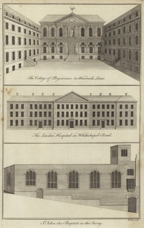 College of Physicians in Warwick Lane, het London Hospital in Whitechapel Road en de kerk van St. John the Baptist in de Savoy, Londen door English School