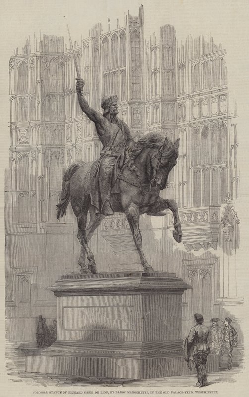 Kolossaal Standbeeld van Richard Leeuwenhart, door Baron Marochetti, in de Oude Paleis-Tuin, Westminster door English School