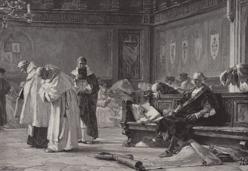 Columbus voor de Raad van Salamanca (gravure) door English School