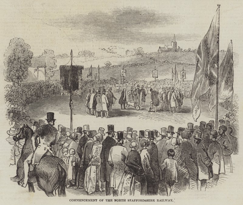 Aanvang van de North Staffordshire Spoorweg (gravure) door English School