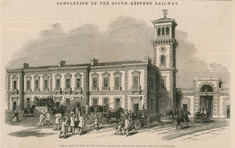 Voltooiing van de Zuid-Oostelijke Spoorweg: Groot gezamenlijk station van de Croydon, Brighton en Dover Railway Company, Southwark, Londen door English School