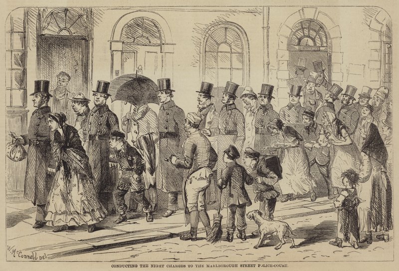 Het begeleiden van de nachtelijke arrestanten naar de Marlborough Street Police-Court (gravure) door English School