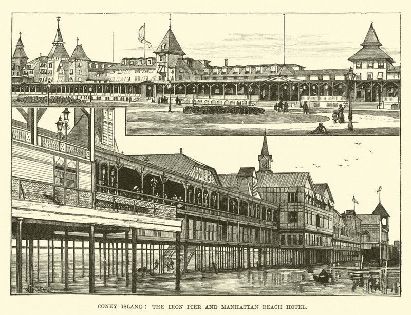 Coney Island, de IJzeren Pier en Manhattan Beach Hotel door English School