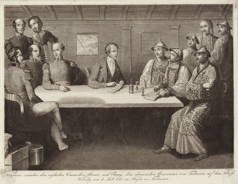 Conferentie in Chusan tussen Commodore Bremer en een Chinese ambtenaar op HMS Wellesley 4 juli 1841 door English School