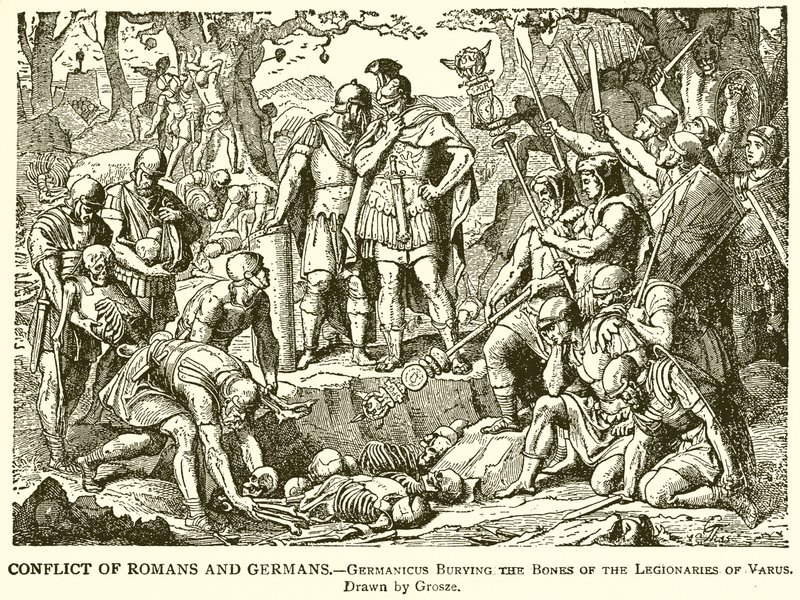 Conflict tussen Romeinen en Duitsers.--Germanicus begraaft de botten van de legionairs van Varus door English School