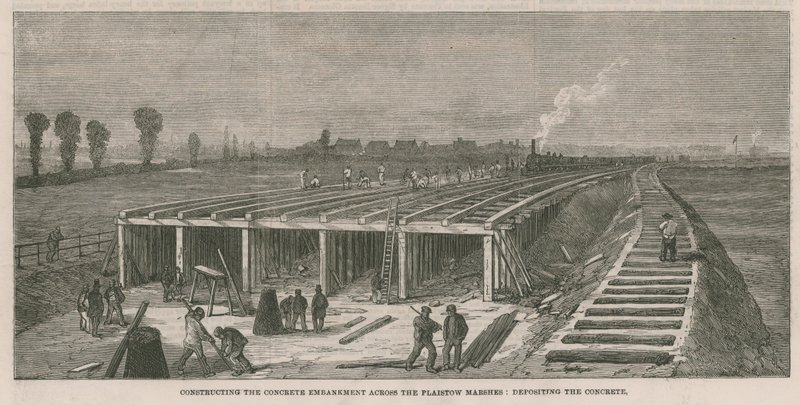 Aanleg van de betonnen dijk over de Plaistow moerassen door English School