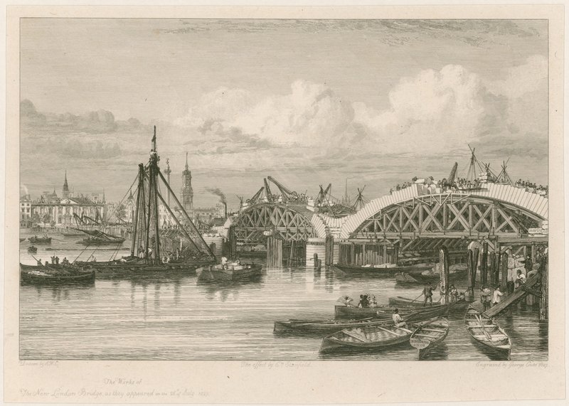 Bouw van de nieuwe London Bridge, 26 juli 1827 door English School