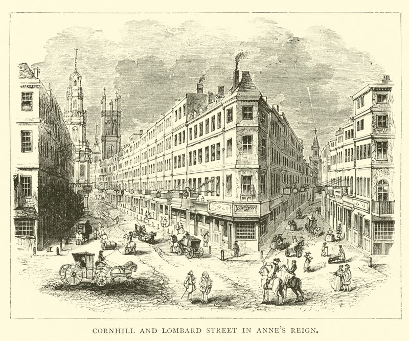 Cornhill en Lombard Street in het bewind van Anne door English School