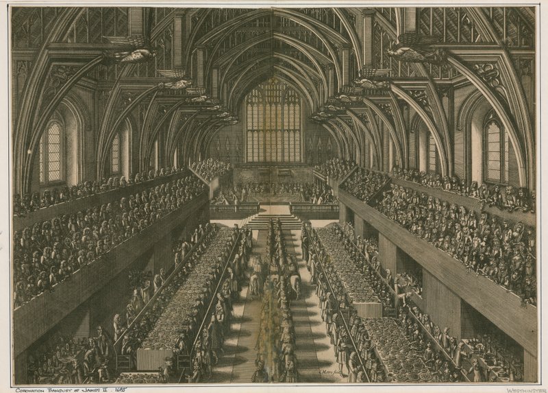 Kroningsbanket van Jacobus II, 1685, in Westminster Hall, Londen door English School