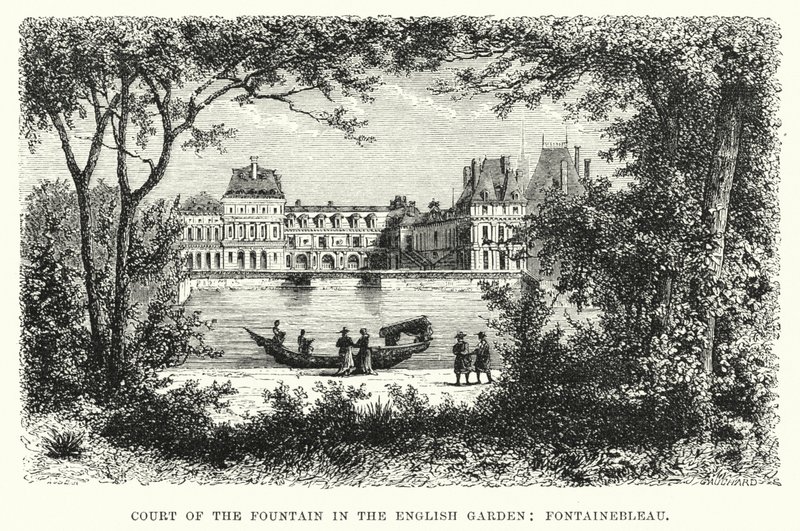 Hof van de fontein in de Engelse tuin, Fontainebleau door English School