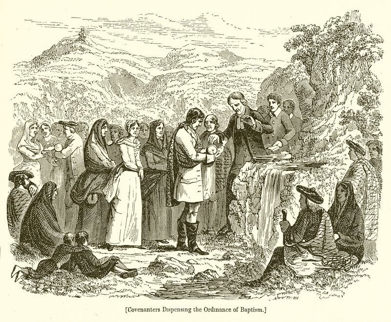 Covenanters die het sacrament van de doop toedienen door English School