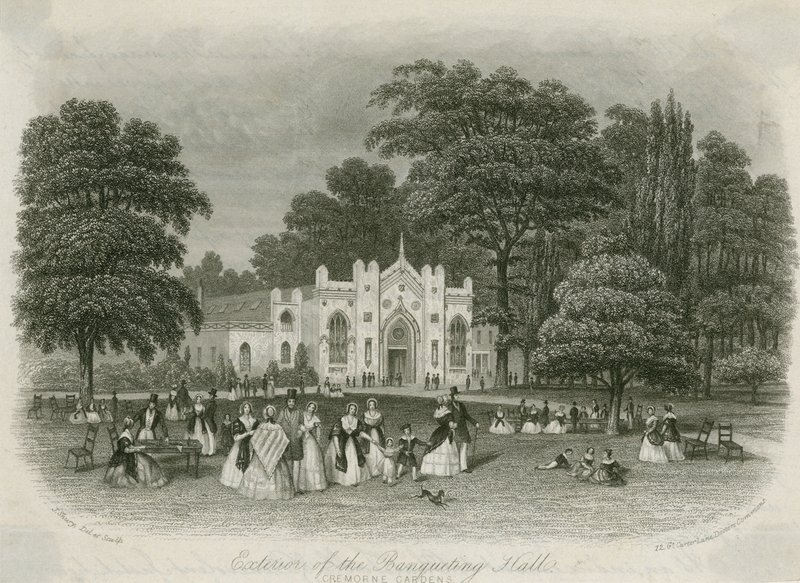 Cremorne Gardens, Londen: buitenkant van de banketzaal door English School