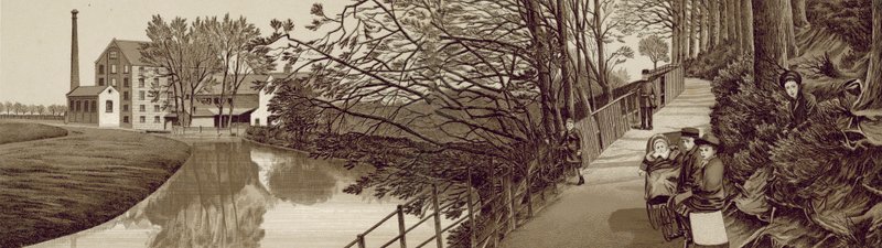 Croydon: Bridle Path naar Beddington bij de rivier Wandle, Waddon Mills door English School