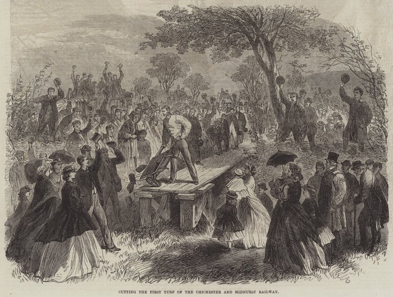 Het Eerste Turf van de Chichester en Midhurst Spoorweg snijden (gravure) door English School