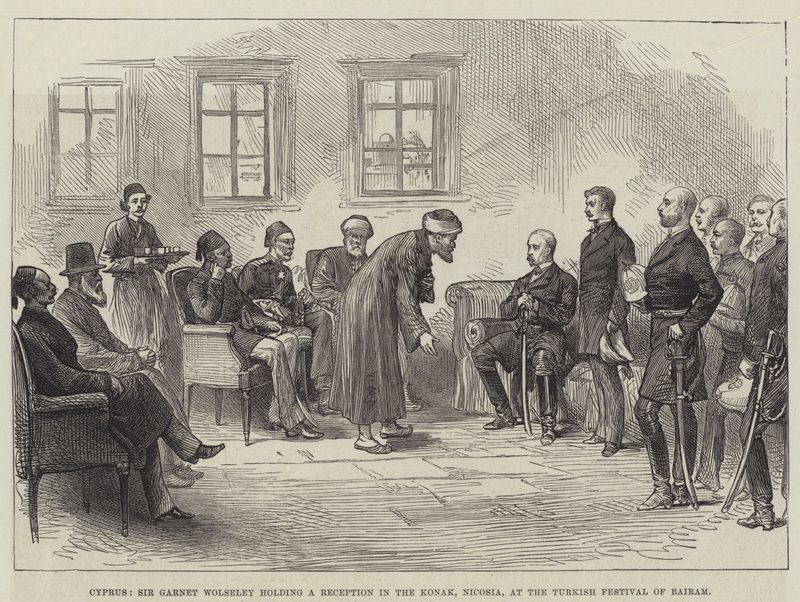 Cyprus, Sir Garnet Wolseley houdt een receptie in de Konak, Nicosia, tijdens het Turkse festival van Bairam (gravure) door English School