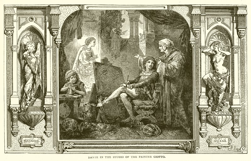 Dante in het atelier van de schilder Giotto door English School