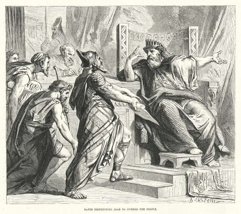 David geeft Joab de opdracht om het volk te tellen (gravure) door English School