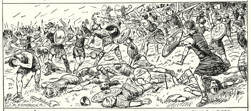 Nederlaag van de West-Saksen bij Mount Budon, Somerset, AD 500 door English School
