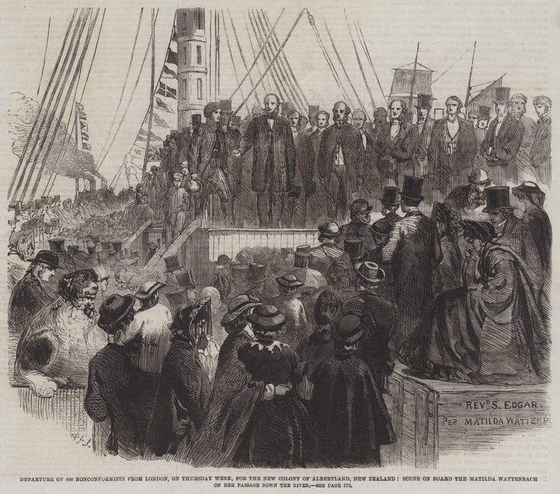 Vertrek van 800 non-conformisten uit Londen, op donderdag, naar de nieuwe kolonie Albertland, Nieuw-Zeeland, scène aan boord van de Matilda Wattenbach tijdens haar reis over de rivier door English School