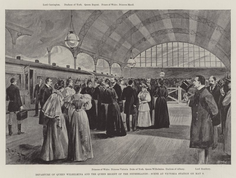 Vertrek van koningin Wilhelmina en de koningin-regentes van Nederland, scène op Victoria Station op 9 mei (litho) door English School