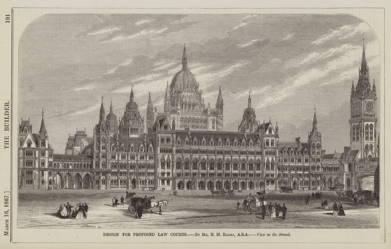 Ontwerp voor Voorgestelde Rechtbanken, door Mr E M Barry, ARA, Uitzicht op de Strand (gravure) door English School