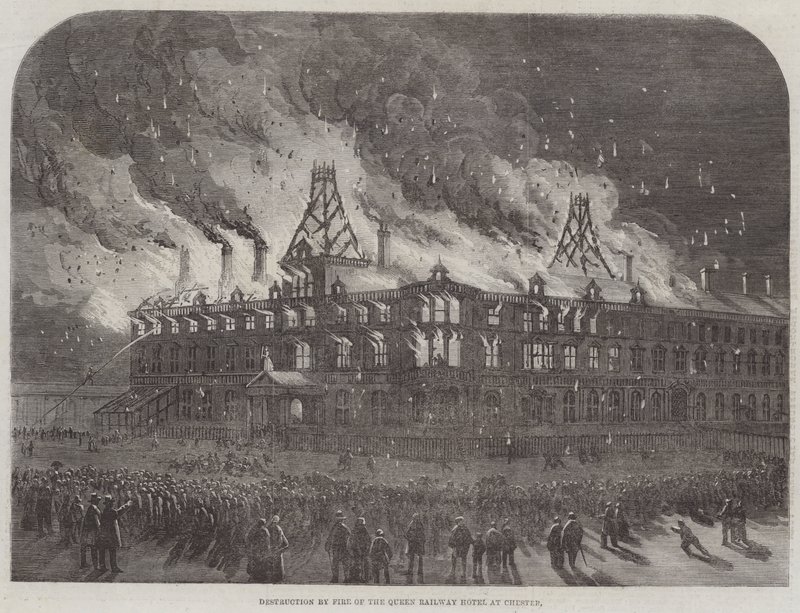 Verwoesting door brand in het Queen Railway Hotel in Chester (gravure) door English School