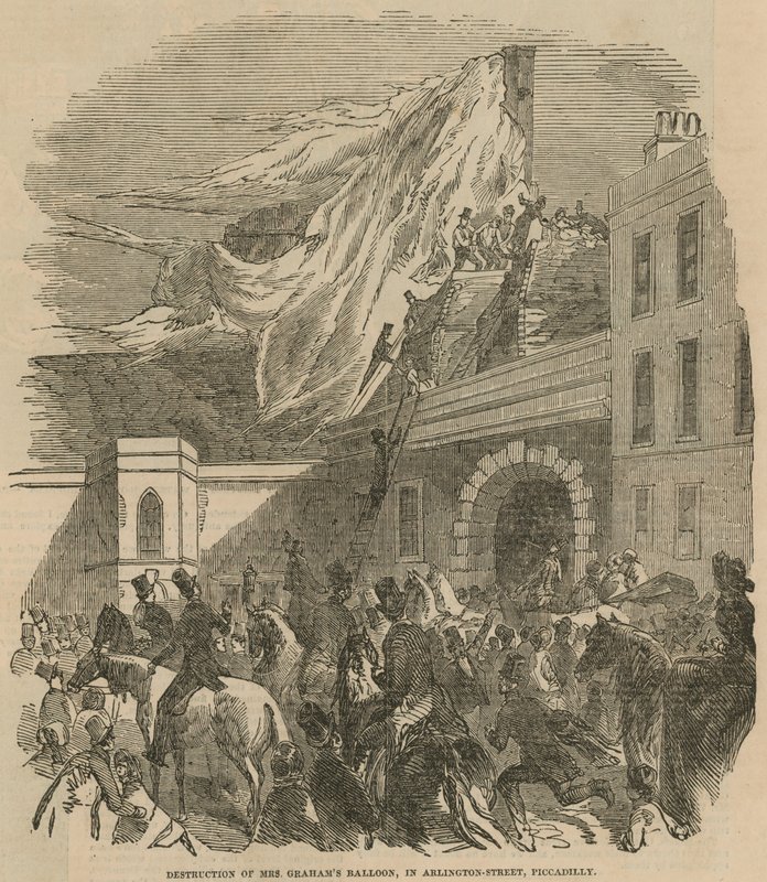 Vernietiging van de ballon van mevrouw Graham in Arlington Street, Piccadilly door English School