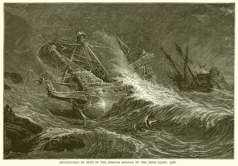 Vernietiging van Schepen van de Spaanse Armada aan de Ierse Kust, 1588 door English School