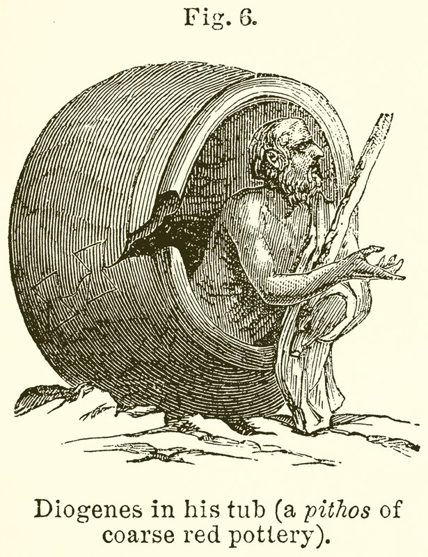 Diogenes in zijn ton (een pithos van grof rood aardewerk) door English School