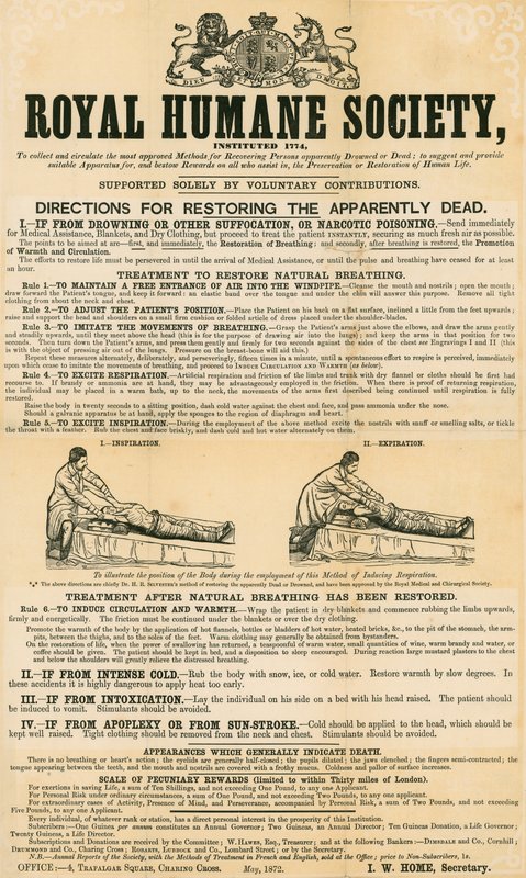 Instructies voor het herstellen van schijnbaar doden; uitgegeven door de Royal Humane Society, mei 1872 door English School