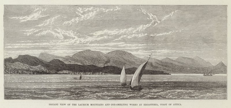 Verre uitzicht op de Laurium-bergen en erts-smelterijen bij Ergasteria, kust van Attica door English School
