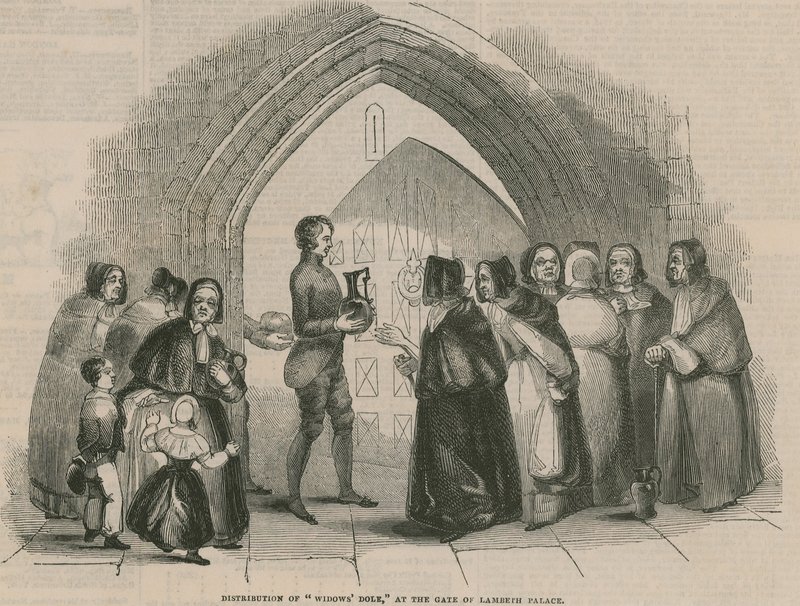 Distributie van Weduwen Aalmoes bij de poort van Lambeth Paleis door English School