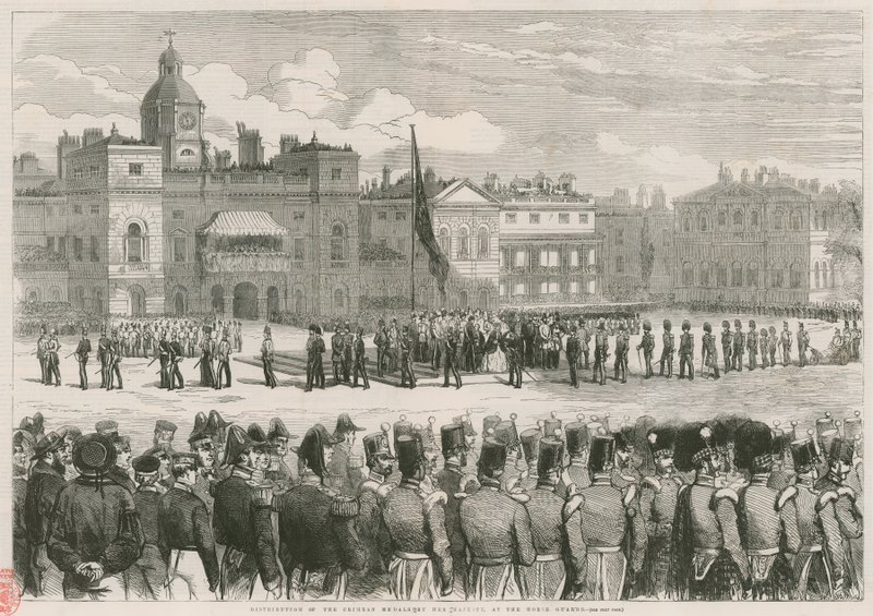 Uitdeling van de Krim-medailles door Hare Majesteit bij de Horse Guards door English School
