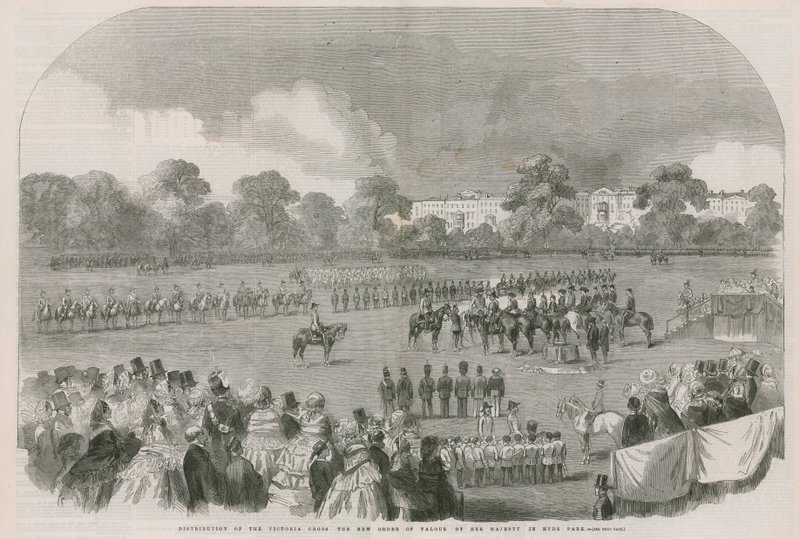 Uitdeling van het Victoria Cross, de nieuwe orde van moed, door Hare Majesteit in Hyde Park door English School