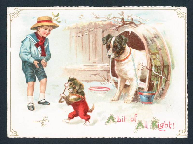Hond, Puppy en Jongen spelen in de sneeuw door English School