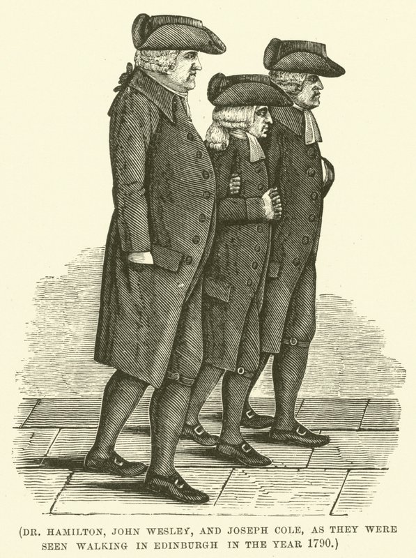 Dr. Hamilton, John Wesley en Joseph Cole, zoals ze gezien werden wandelend in Edinburgh in het jaar 1790 (gravure) door English School