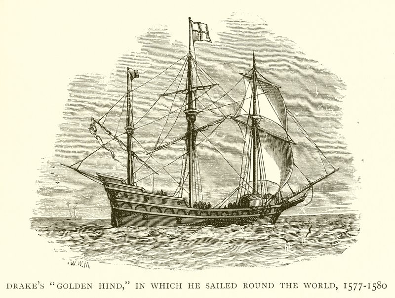 Drakes Golden Hind, waarmee hij de wereld rondzeilde, 1577-1580 door English School