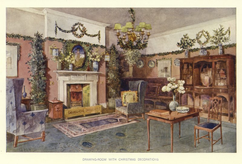 Woonkamer met kerstversieringen door English School