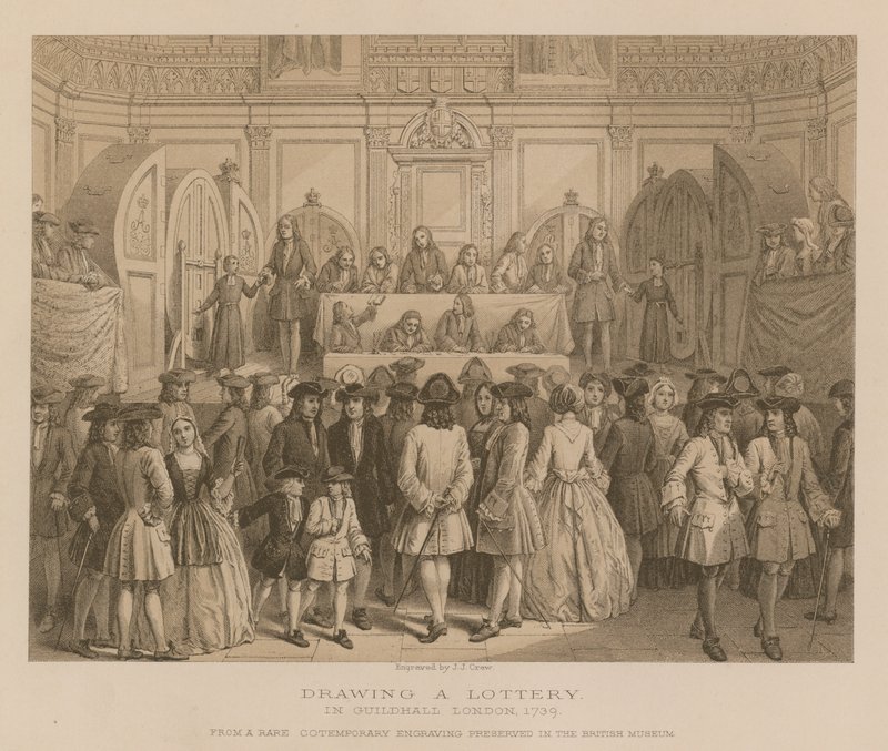 Loterijtrekking in Guildhall, Londen, 1739 door English School