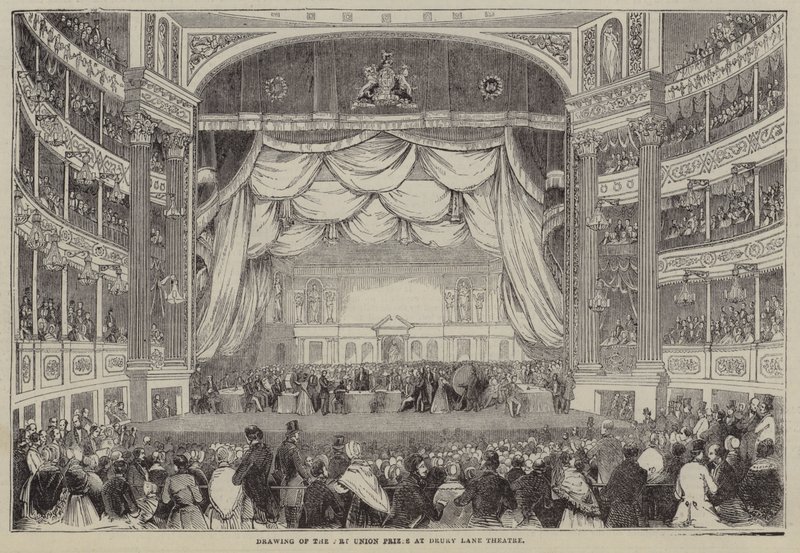 Tekening van de Art Union Prijzen, Drury Lane Theatre, Londen door English School