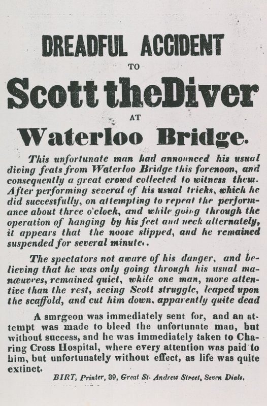 Vreselijk ongeluk van Scott de duiker bij de Waterloo Bridge door English School