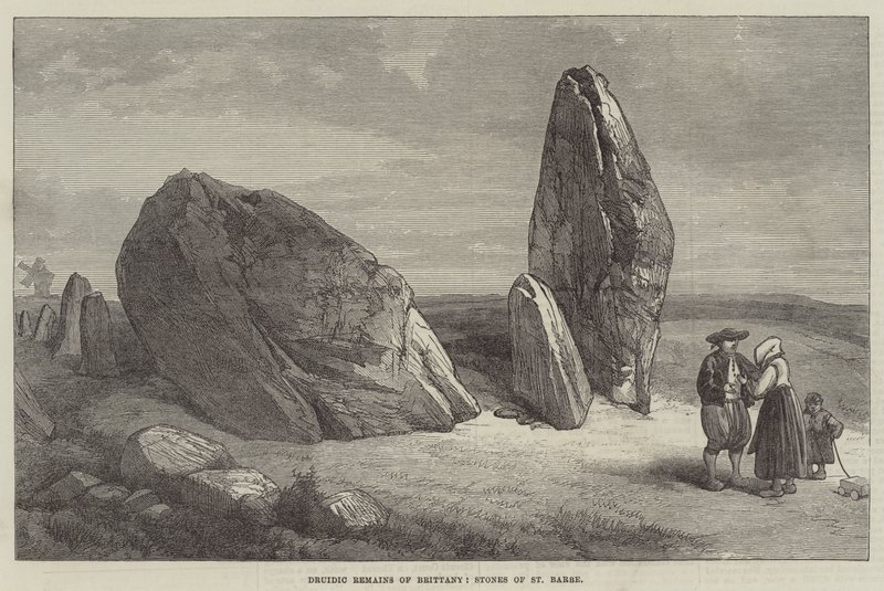 Druidische overblijfselen van Bretagne, stenen van St Barbe (gravure) door English School