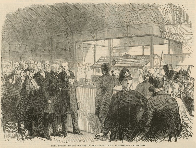 Earl Russell bij de opening van de Noord-Londense Tentoonstelling van Werkende Mannen door English School