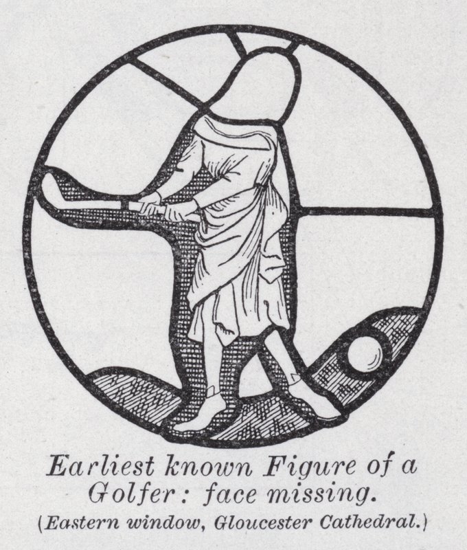 Oudste bekende figuur van een golfer, gezicht ontbreekt, oostelijk raam, Gloucester Cathedral door English School