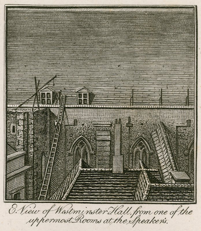 Oostelijk uitzicht op Westminster Hall vanuit een van de bovenste kamers bij de Speakers door English School