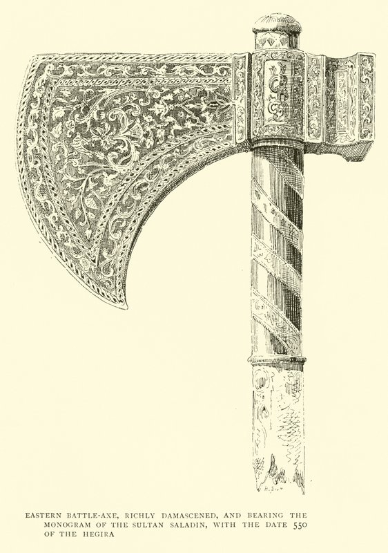 Oosterse strijdbijl, rijkelijk damasceens, met het monogram van Sultan Saladin en de datum 550 van de Hegira door English School
