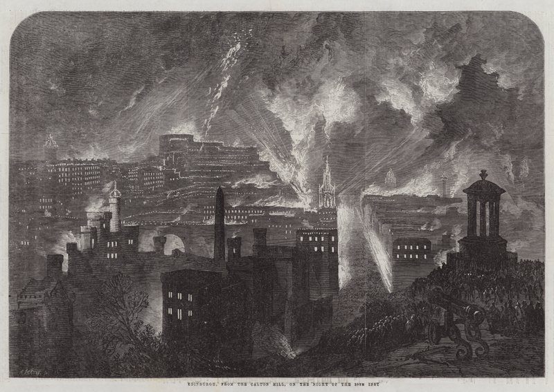 Edinburgh, vanaf de Calton Hill, op de Nacht van de 10e Inst (gravure) door English School