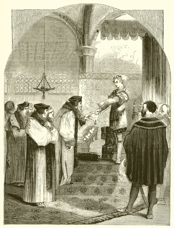 Edward VI die het bevel voor de executie van Joan Bocher aan aartsbisschop Cranmer overhandigt door English School