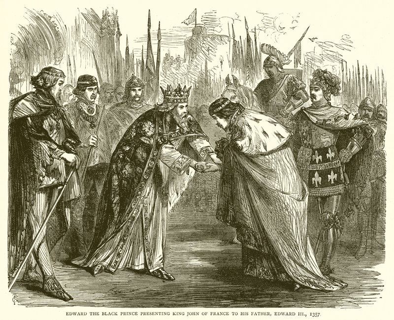 Edward de Zwarte Prins presenteert Koning Jan van Frankrijk aan zijn Vader, Edward III, 1357 door English School