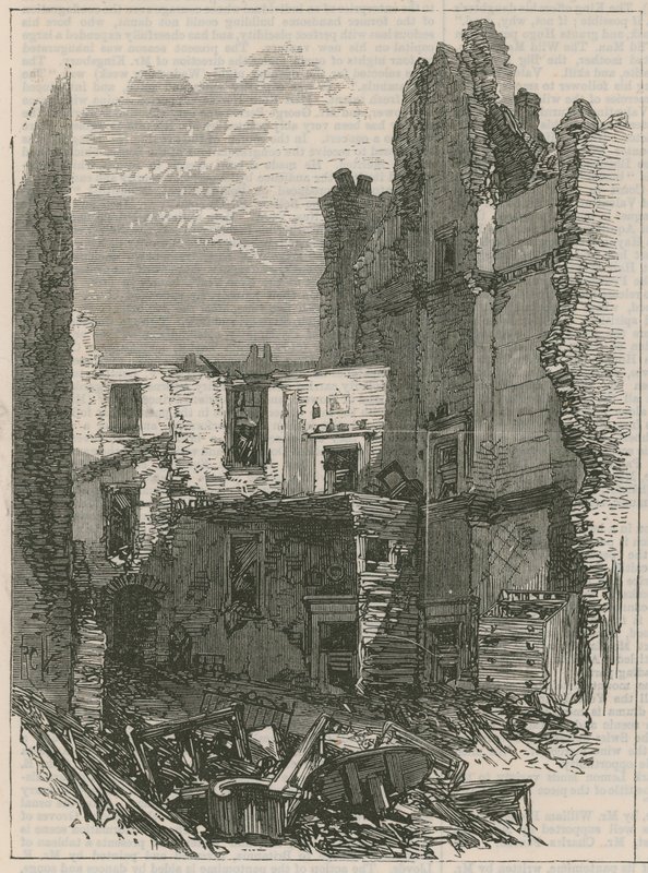 Gevolgen van de explosie in Clerkenwell: Interieur van huizen in Corporation Lane door English School